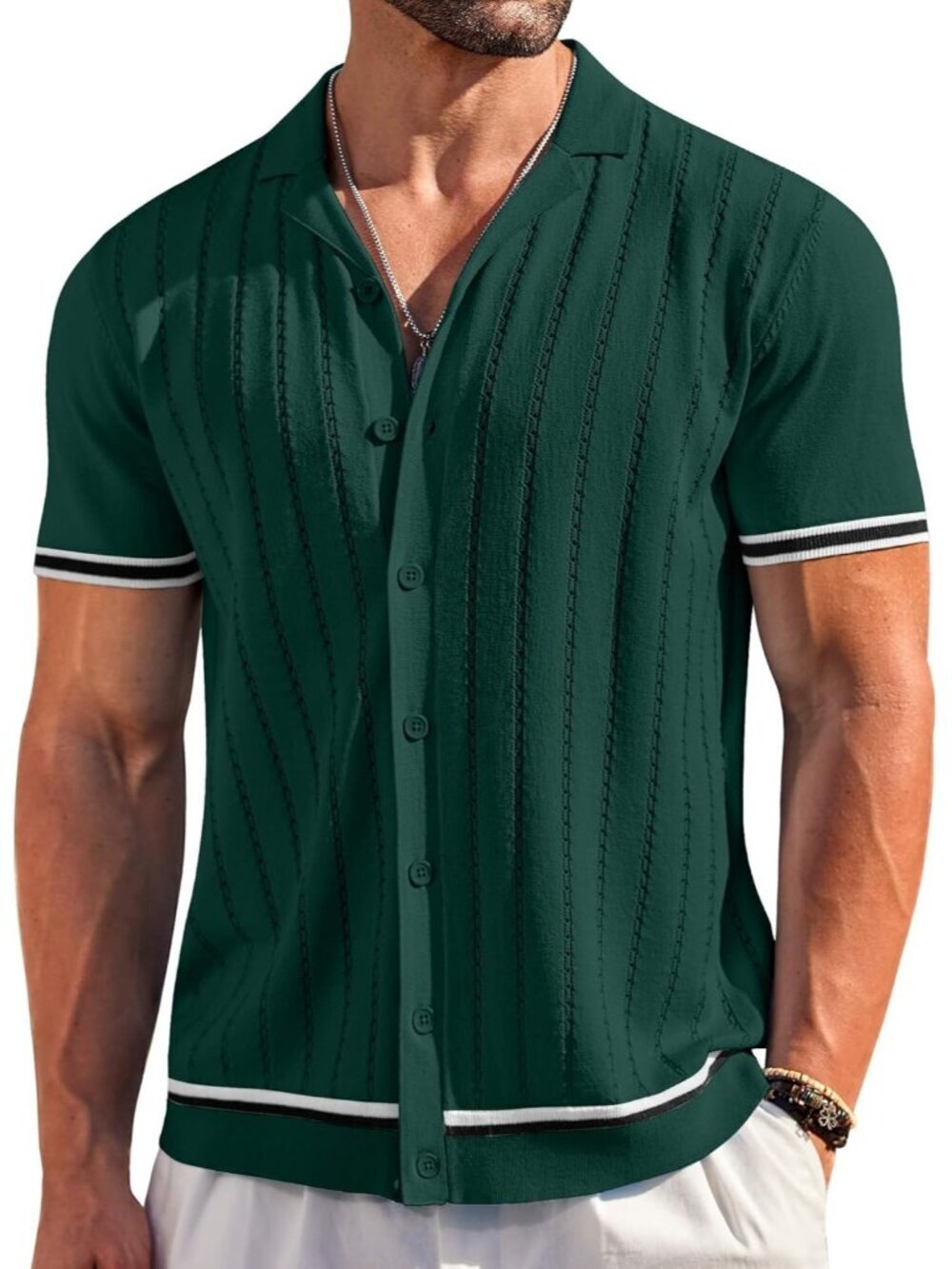Men's Lake Green Short Sleeve Knit Casual Button Down Vintage Striped Top Shirt